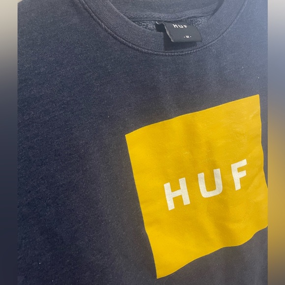 Huf Men’s Navy Crew Neck Sweatshirt with Yellow Logo - Picture 2 of 2